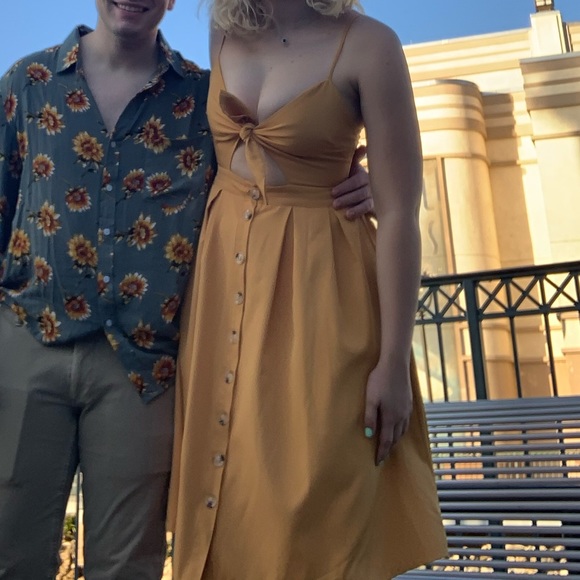 Forever 21 Mustard MIDI Buttondown Dress - Tie Front Spaghetti Strap Dress - Picture 2 of 9